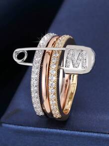 1 pezzo Anello da donna unico con design a 3 anelli e un singolo ago, decorato con zirconia cubica