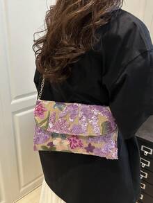 亮片刺绣花卉信封包，女士时尚亮片拼布手拿包，派对晚宴包，随机剪裁，适合女性，适合派对、婚礼、舞会，非常适合派对、婚礼、舞会晚宴/宴会，搭配节日派对礼服、晚礼服和亮片礼服。 - 紫色 - 查看 4