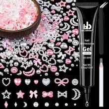 600Pcs 3D Multi Shapes Nail Charms And Flatback Pearls, White Mix Styles Heart Bow Sunflower Embellishments Nail Art, And Decoration With Glue Gel, Tweezer And Pickup Pencil - Bộ 1 - Trắng & Hồng + Keo dán - Xem 2