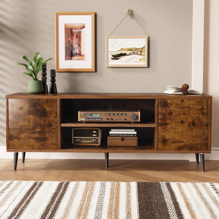 65 Inch Modern TV Stand,White&Walnut Wood Entertainment Center With Storage Drawers & Management Living Room - Rustic Oak - 查看 1