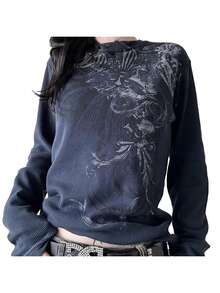 Women Y2k Fairy Grunge Long Sleeve Shirt Punk Gothic Tee Top Teen Girl Vintage Aesthetic Graphic Streetwear - Màu xanh bụi bặm - Xem 1