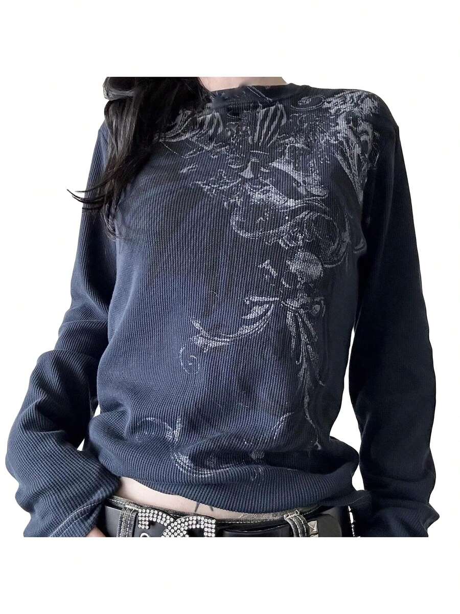 Women Y2k Fairy Grunge Long Sleeve Shirt Punk Gothic Tee Top Teen Girl Vintage Aesthetic Graphic Streetwear - Màu xanh bụi bặm - Xem 1