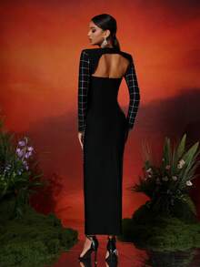 Love Aing Amor Aing 2 piezas vestido de fiesta de gala elegante y sexy con diseño de cuentas hecho a mano, vestido largo de noche maxivestido ajustado con efecto calado