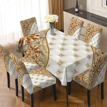 1pc/5pcs/7pcs/30pcs Table Cloth & Chair Cover Set, (5pcs Include 4 Chair Covers And 1 Table Cloth) (7pcs Include 6 Chair Covers And 1 Table Cloth), Creative Golden Floral Plaid Versatile Chair Cover And Tablecloth Set, Full Of Holiday Atmosphere, Add Joy For Family Gatherings, Rectangular Tablecloth Fits Square Tables, Stretch Chair Covers Suitable For Indoor Home Dining Room