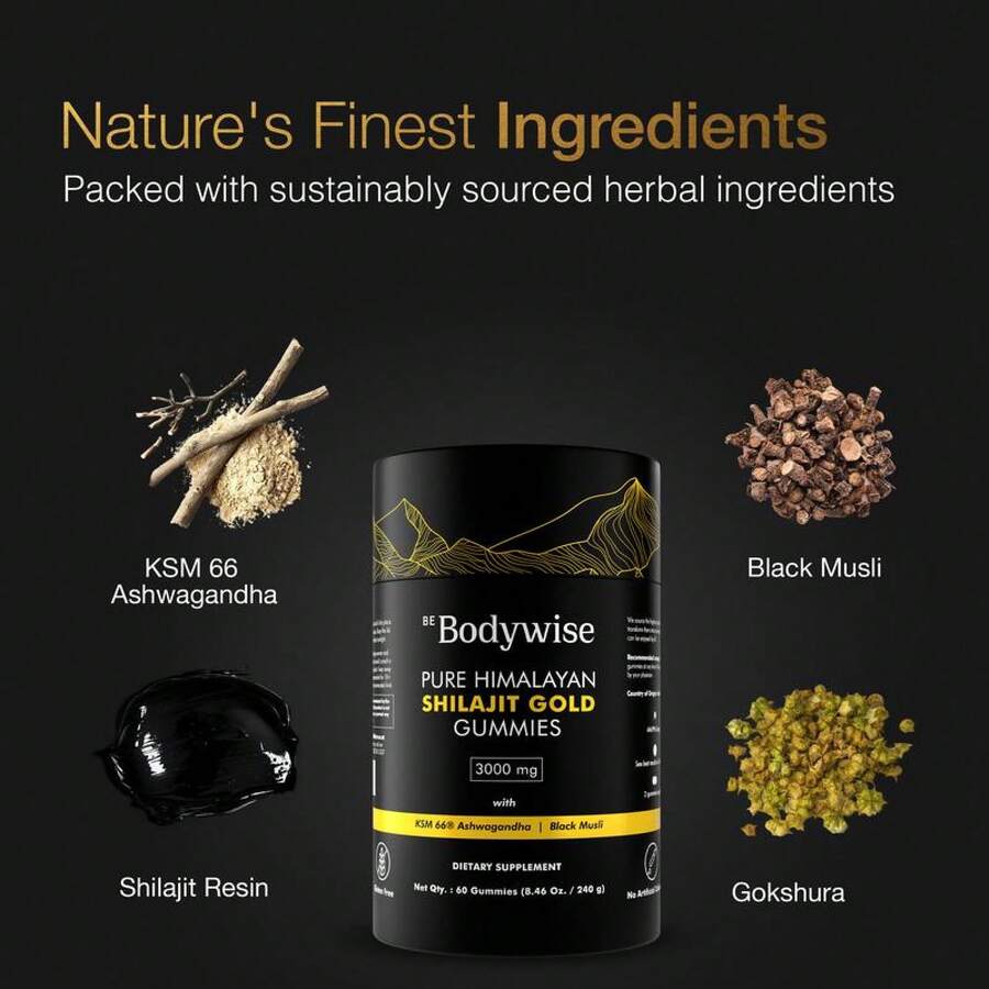 "Be Bodywise Himalayan Shilajit Gummies - 3000mg With KSM-66 Ashwagandha & 85+ Minerals - Strength & Stamina Support For Men & Women - Sugar Free, Vegan, Non-GMO (60 Count)" - 120 Pack - View 1