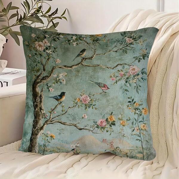 1pc Vintage Chinoiserie Floral & Bird Print Throw Pillow Cover, 45.72x45.72 Cm, Soft Plush Polyester, Nightgarden Design With Roses & Birds On Branches For Couch, Sofa, Bedroom, Or Car (No Insert), Decorative Pillows
