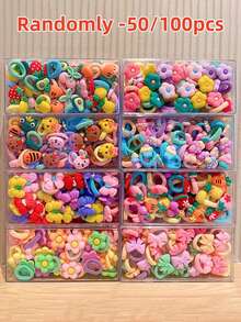 50/100 件随机可爱卡通花朵和蝴蝶发带，适合女士，适合马尾辫、发髻，很棒的礼物，塑料 PVC 四季皆宜，马尾辫夹，发圈，发绳