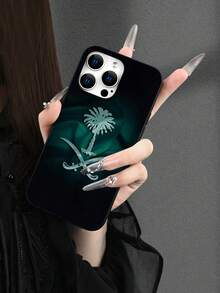 1 件沙特阿拉伯绿枣椰树和银色弯刀 2D 图案经典优雅绅士领带，适合作为生日、节日礼物送给朋友、家人、情侣；黑色哑光软壳兼容 17/16/15/14/13/12/11/Pro/ProMax/X/XR/XS/XSMAX/7/8/PLUS - 黑色 - 查看 3