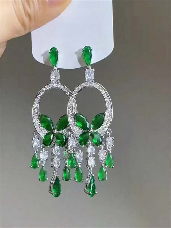 Exaggerated Green Butterfly Crystal Tasseled Earrings, Elegant Luxury Party Formal Dress Accessory