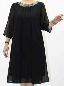 Plus Size Women's Round Neck Sequined Chiffon Elegant Dress - Black - View 1