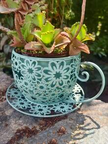 1 件乡村铁艺咖啡杯花盆 - 轻质圆形金属花盆，带装饰手柄，室内/室外花园阳台桌面装饰，适合多肉植物、花卉和植物。送给爱人、父母和朋友的完美礼物 - 彩色 - 查看 5