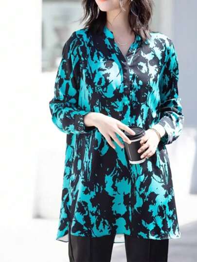 Women's Elegant Slimming Ink Print Shirt, Concealing Belly High-End Blouse, Long Sleeve Mid-Length Covering Buttocks, All-Over Print Woven Fabric, Front Button Closure, Suitable For Daily Wear In Spring, Summer, Autumn