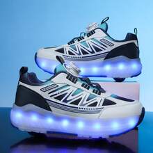 LED Multi-Flashing 4-Wheel Roller Skates, Quick Gliding, Detachable Wheels, Fashion Casual 2-In-1 Roller Shoes, Rotary Buckle Adjustable Loose Fit - Blue - View 9