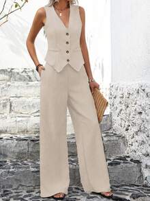 轻松时尚无袖背心和阔腿裤套装 - 卡其色 - 查看 2