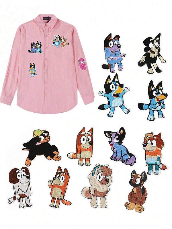  1/16 peças de apliques termocolantes Bluey, um cachorrinho azul fofo de desenho animado, para roupas, jaquetas, calças jeans, camisas, chapéus e mochilas. Cores sortidas, designs vibrantes. Apliques decorativos de marca, para aplicação em roupas, acessórios e lembrancinhas de festa.