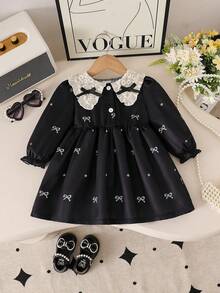 Baby Girl New Spring/Autumn Round Neck Bowknot Dress, Elegant & Cute Design, Long Sleeve Dress Suitable For Newborn Girls' Daily Or Occasion Wear - Black - View 1