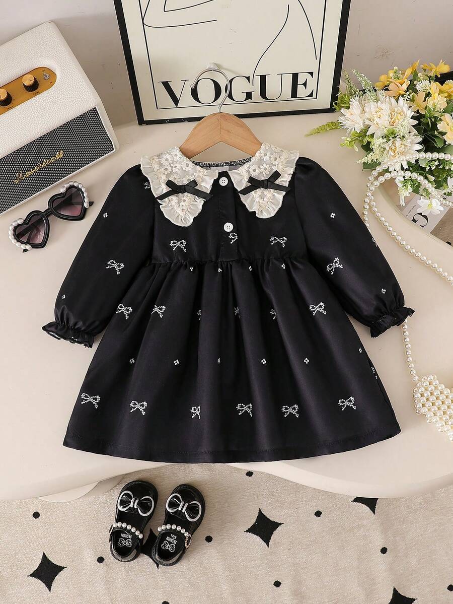 Baby Girl New Spring/Autumn Round Neck Bowknot Dress, Elegant & Cute Design, Long Sleeve Dress Suitable For Newborn Girls' Daily Or Occasion Wear - Black - View 1
