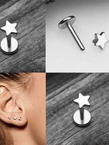 2 Pairs Star Screw Twist Ball Threaded Titanium Steel Earrings, Hypoallergenic High-End Personalized Minimalist Style Pentagram Ear Piercing Jewelry - Silver Star - View 5