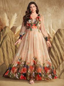 加大码女式甜心领随机花卉印花泡泡袖撞色设计优雅长裙 - 彩色 - 查看 1