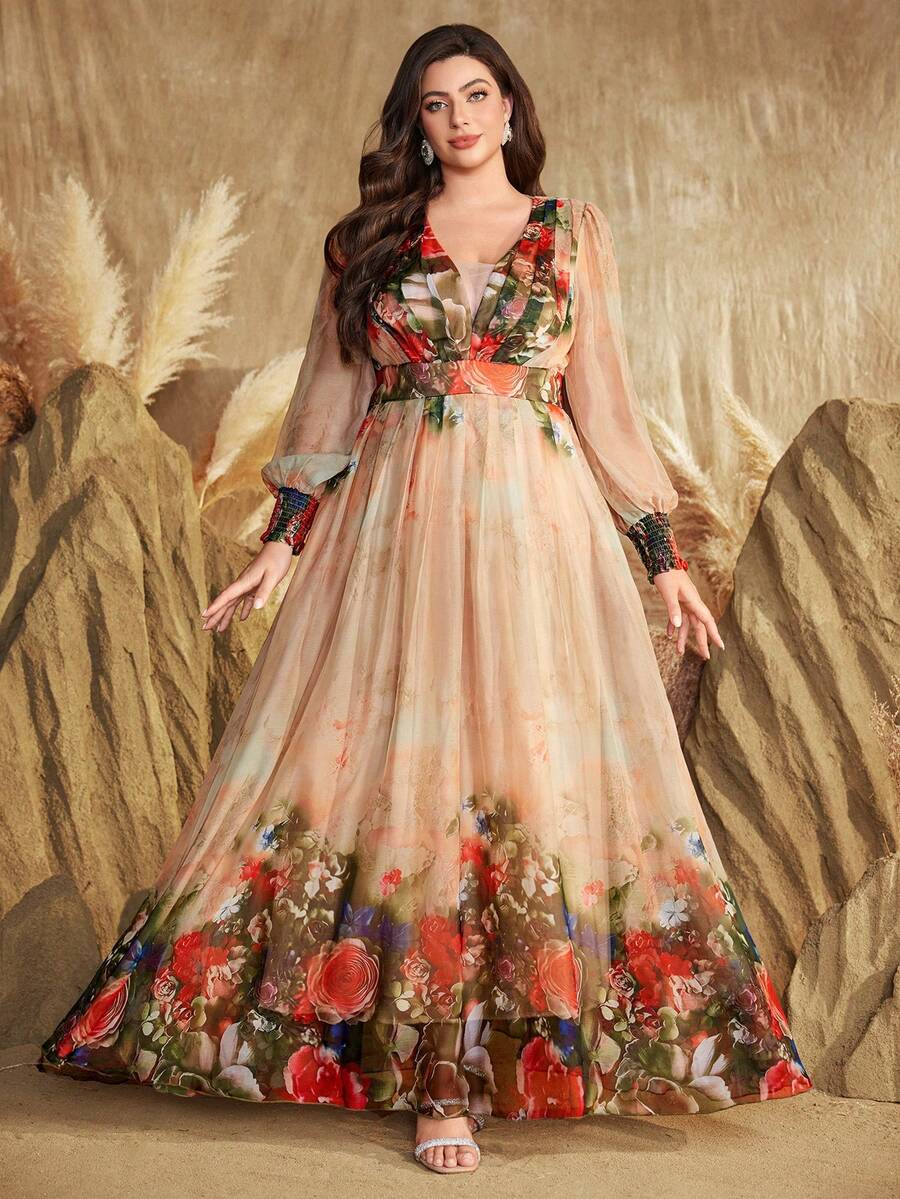 加大码女式甜心领随机花卉印花泡泡袖撞色设计优雅长裙 - 彩色 - 查看 1