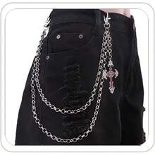 Punk Layered Pants Chain For Men Women, Silver Heart Cross Rivet Tassel Wallet Chains, Hip Hop Pocket Chains, Goth Jewelry Key Chain Wallet For Men - Red Cross - View 9