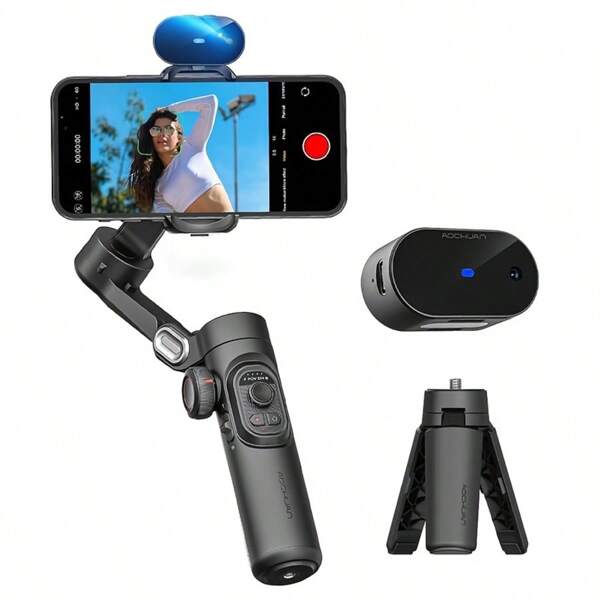 AOCHUAN 3-Axis Gimbal Stabilizer For Smartphone, Gimbal With RGB Magnetic Fill Light Upgraded Face Tracking Focus Wheel Foldable IPhone Gimbal Compatible With IPhone/Android Phone Gimbal Vlog Recording