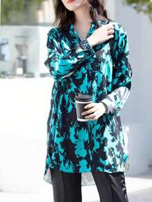 Women's Elegant Slimming Ink Print Shirt, Concealing Belly High-End Blouse, Long Sleeve Mid-Length Covering Buttocks, All-Over Print Woven Fabric, Front Button Closure, Suitable For Daily Wear In Spring, Summer, Autumn