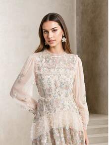 All-Over Ditsy Floral Patchwork Party Elegant And Casual Network Chiffon Multi-Layered Sequined Prom Dress Suitable For Formal Occasions And Daily Wear In Autumn - Apricot - View 5