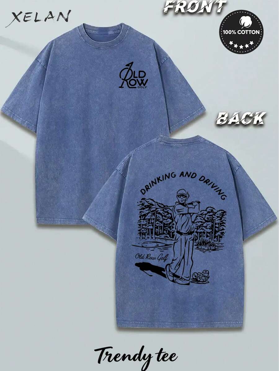 Men Washed Cotton T-Shirt,With 'DRINKING AND DRIVING Old Row Golf' Pattern Print, Outdoor Sports T-Shirt Loose Fit Soft Knitted T-Shirt - 藍色 - 查看 1