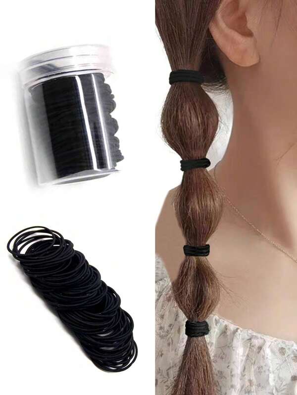 100pcs Black Elastic Hair Bands In Minimalist Jar, High Elasticity, Won't Damage Hair, Suitable For Ponytail, Bun, Daily, Outdoor, Sports, Party, Commute, Vacation, Makeup, Washface, Versatile Hair Accessories, Birthday, Back To School, Thanksgiving Practical Gift, Ponytail Holders, Hair Elastics, Hair Rope, School Stuff
