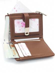 Ví ngắn chắp vá nhiều màu sắc dành cho nữ, Ví đựng tiền xu dệt rơm họa tiết thời trang, Ví đựng thẻ đa chức năng, Khóa bấm thanh lịch dành cho học sinh trẻ, Túi đựng thẻ có khóa kéo dung lượng lớn, Quà tặng tiện lợi, nhẹ, phong cách cho ngày lễ - Màu be - Xem 3