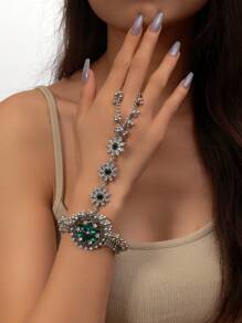 1pc Vintage Style Tasseled Ring Bracelet, Metal Handmade Coin & Rhinestone Encrusted Ring Chain