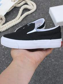 OPOEE 白色帆布鞋幼儿小白运动鞋儿童帆布鞋，韩版简约休闲系带运动鞋，经典帆布鞋，低帮一脚蹬舒适儿童鞋，舞蹈鞋 - 黑色 - 查看 7