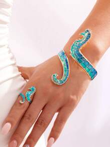 2pcs Bohemian Style Oil Drop Seahorse Ring & Bracelet Jewelry Set, Versatile And Suitable For Men And Women, Great For Beach Vacation, Party, Daily Wear, Graduation, Back To School, Birthday And Holiday Gifts