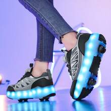 LED Multi-Flashing 4-Wheel Roller Skates, Quick Skating, Detachable Wheels, Fashion Casual 2-In-1 Roller Shoes, Rotary Buckle Adjustable Loose Fit - Black - View 6