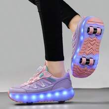 LED 多闪光 4 轮旱冰鞋，快速滑行，可拆卸轮子，时尚休闲二合一轮滑鞋，旋转扣可调节宽松版型 - 紫色 - 查看 3
