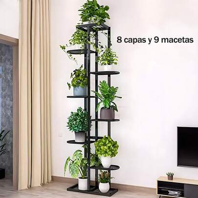 Estantería Metálica Negra de 8 Niveles para Plantas – Diseño Vertical de Alta Capacidad con Tubo Cuadrado y Tablero de Fibra, Ideal para Jardines, Interiores, Balcones, Oficinas y Terrazas