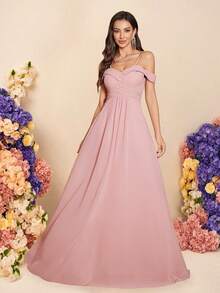 UNITHORSE Robe de demoiselle d'honneur élégante avec jupe évasée à taille croisée et ourlet volant de couleur unie - Rose bonbon - Voir 1
