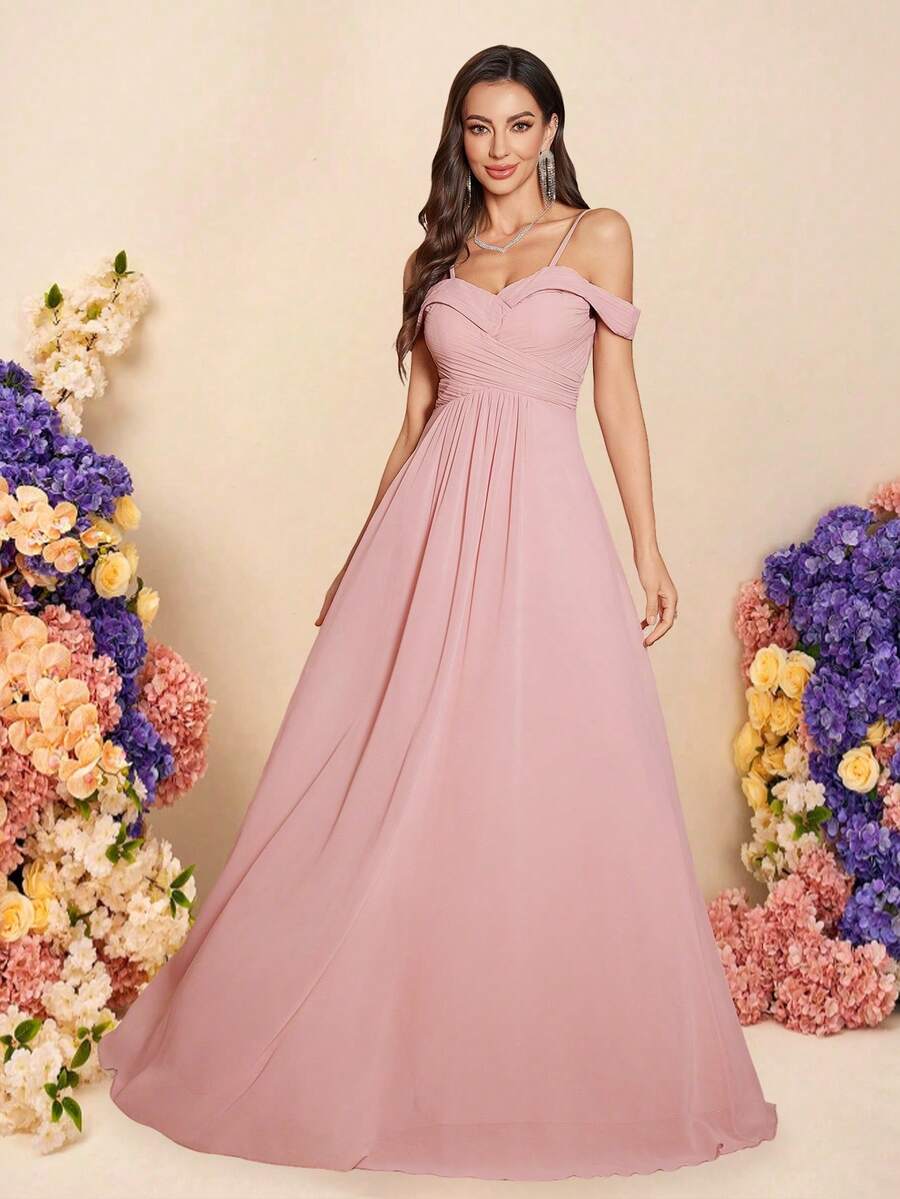 UNITHORSE Robe de demoiselle d'honneur élégante avec jupe évasée à taille croisée et ourlet volant de couleur unie - Rose bonbon - Voir 1