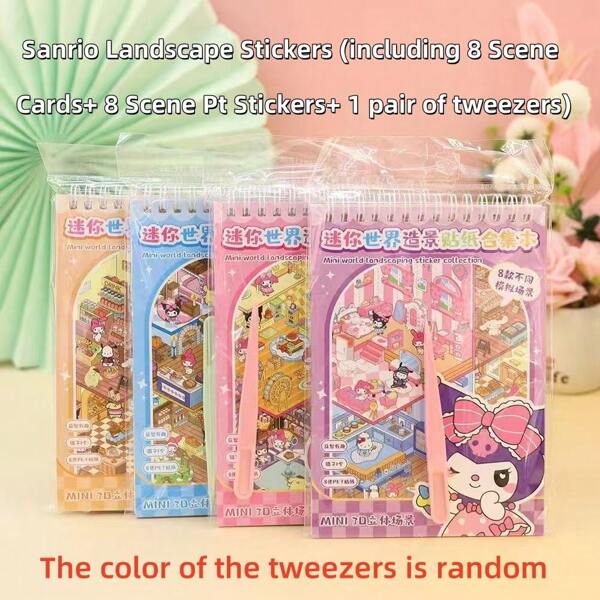Sanrio Sanrio 8 Designs (16pcs+Random Color Tweezers) Scene Creation Coil Stickers Collection, Cartoon Miniature 3D Layered Scenic Stickers For Children DIY, Home Decor, Gifts - Includes Characters Like Kuromi, My Melody, Pompompurin