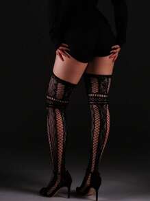 1包曲线紧身裤高弹力紧身裤复古图案吊带开裆渔网吊带万圣节装扮女式时尚性感网眼纯色吊带黑丝袜，款式（颜色）随机发货 - 黑色 - 查看 3