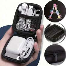 1/6 件 A-Z 字母图案便携式迷你数码收纳盒，EVA 材质旅行配件，带拉链收纳盒，适用于耳机、电缆、银行卡、身份证、充电器、移动电源、文具、硬币、珠宝 - 紧凑可重复使用的电缆管理盒、电缆收纳盒、珠宝收纳盒、俏皮设计、拉链封口 - 黑色 - 查看 5