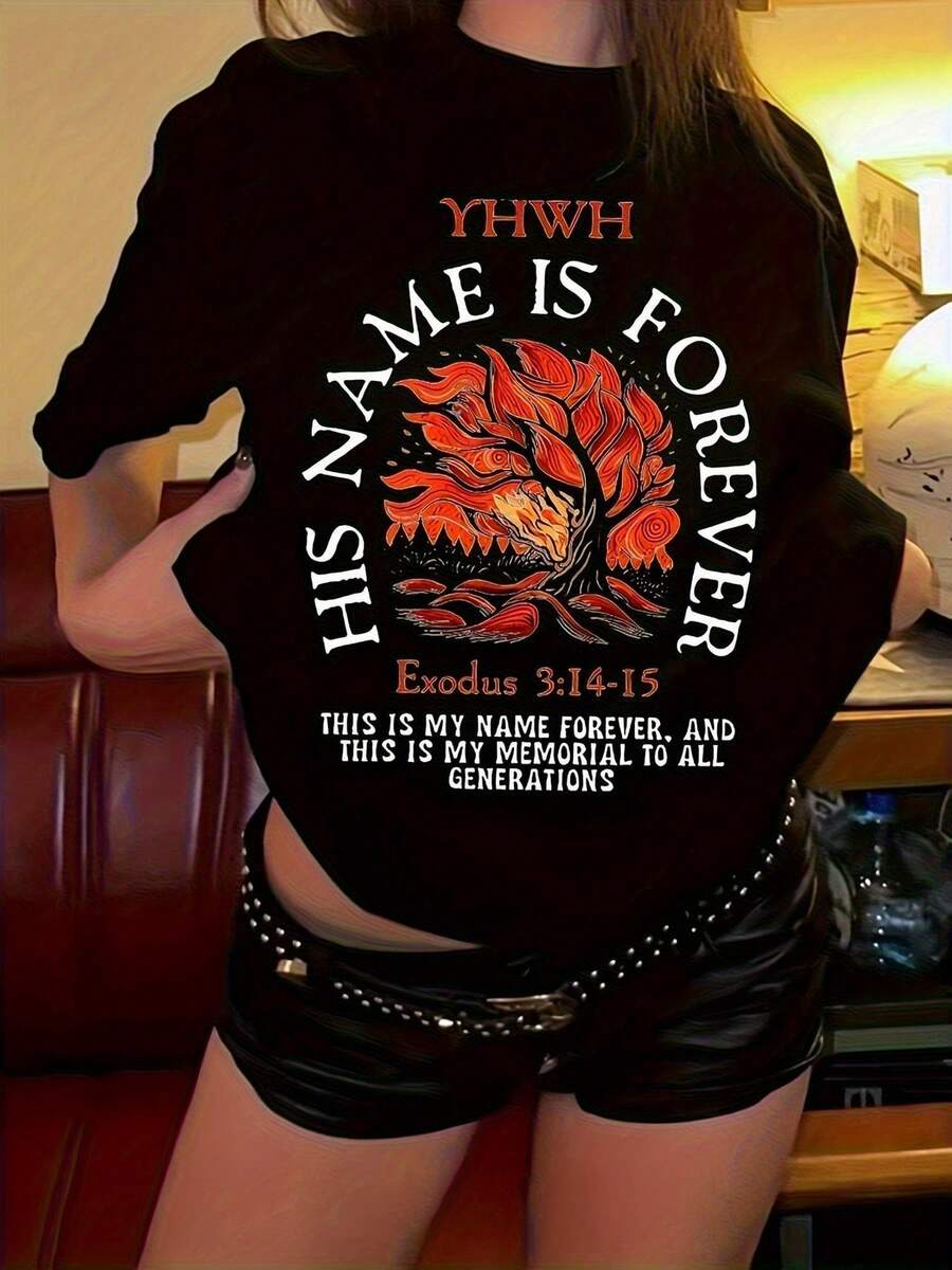 [Camiseta inspiradora] Camiseta ligera e inspiradora con gráfico religioso de YHWH God para mujer, camiseta informal de manga corta con cuello redondo y diseño de las Escrituras, lavable a máquina, transpirable para todas las estaciones. - Negro - Ver 1