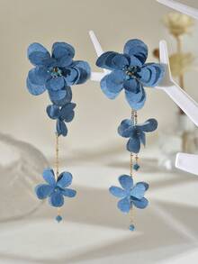 1 Đôi bông tai dài màu xanh vải hoa thanh lịch dành cho nữ, thích hợp đeo hàng ngày (Màu hạt ngẫu nhiên) - Màu xanh 430 - Xem 2