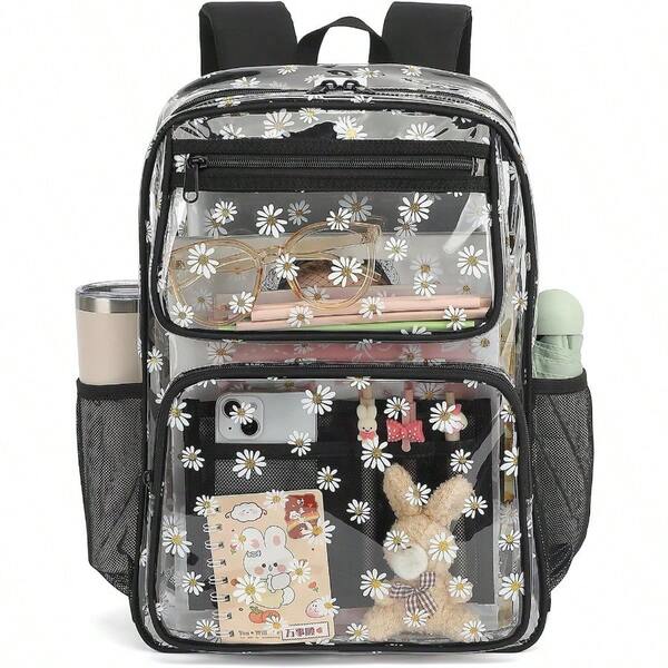 Daisy Clear Backpack For  Women Heavy Duty Transparent School Backpack See Through Bookbag Black-0029