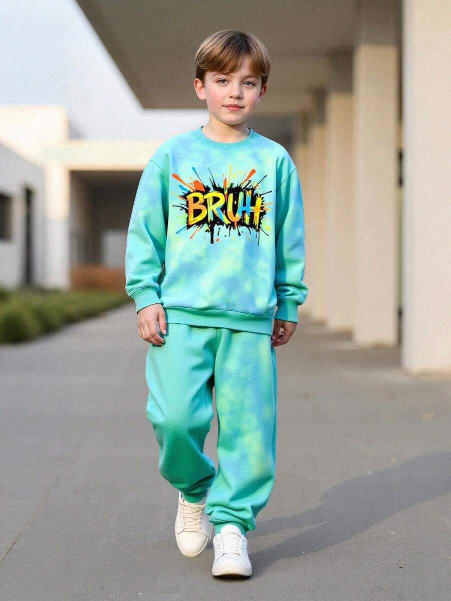 2 sztuki/zestaw: bluzka z długim rękawem i spodniami dresowymi dla starszych chłopców z nadrukiem w plamy farby, modny dres w stylu ulicznym na wiosnę, jesień i zimę - Miętowy Zielony - Zobacz 1