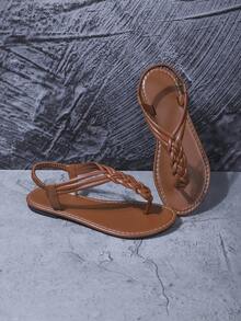 女士手工编织人字拖凉鞋，优雅、休闲、波西米亚风、性感、可爱，PU皮革编织平底凉鞋，适合夏季度假 - 棕色 - 查看 8