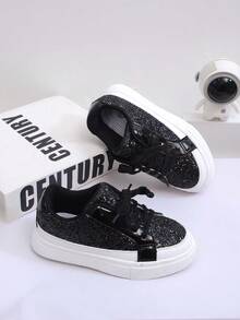 1 Pair Girls Sparkly Sequins Decorated Shoelace Design Sneakers, Fashion Comfortable Anti-Slip Durable Lightweight Running Shoes, Suitable For Daily Wear And Stage Performance - Black - View 1