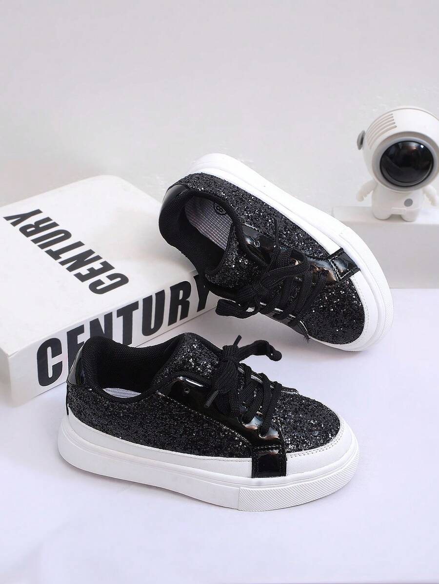 1 Pair Girls Sparkly Sequins Decorated Shoelace Design Sneakers, Fashion Comfortable Anti-Slip Durable Lightweight Running Shoes, Suitable For Daily Wear And Stage Performance - Black - View 1