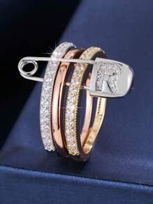 1 pezzo Anello da donna unico con design a 3 anelli e un singolo ago, decorato con zirconia cubica